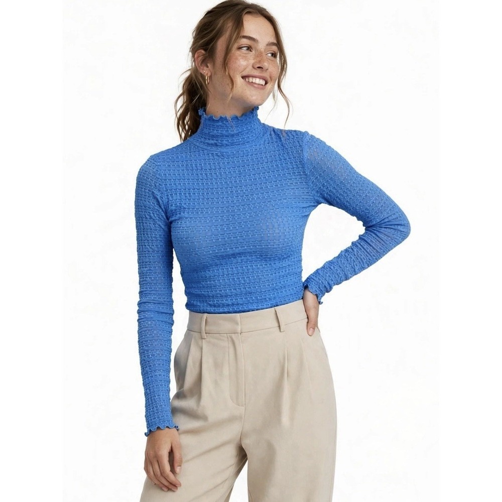 Find Me Now Blue Textured Sheer Mesh Turtleneck Long Sleeve Top S Y2K Trendy